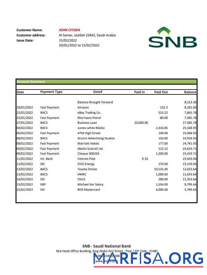 Printable Saudi Arabia SNB bank statement excel real example